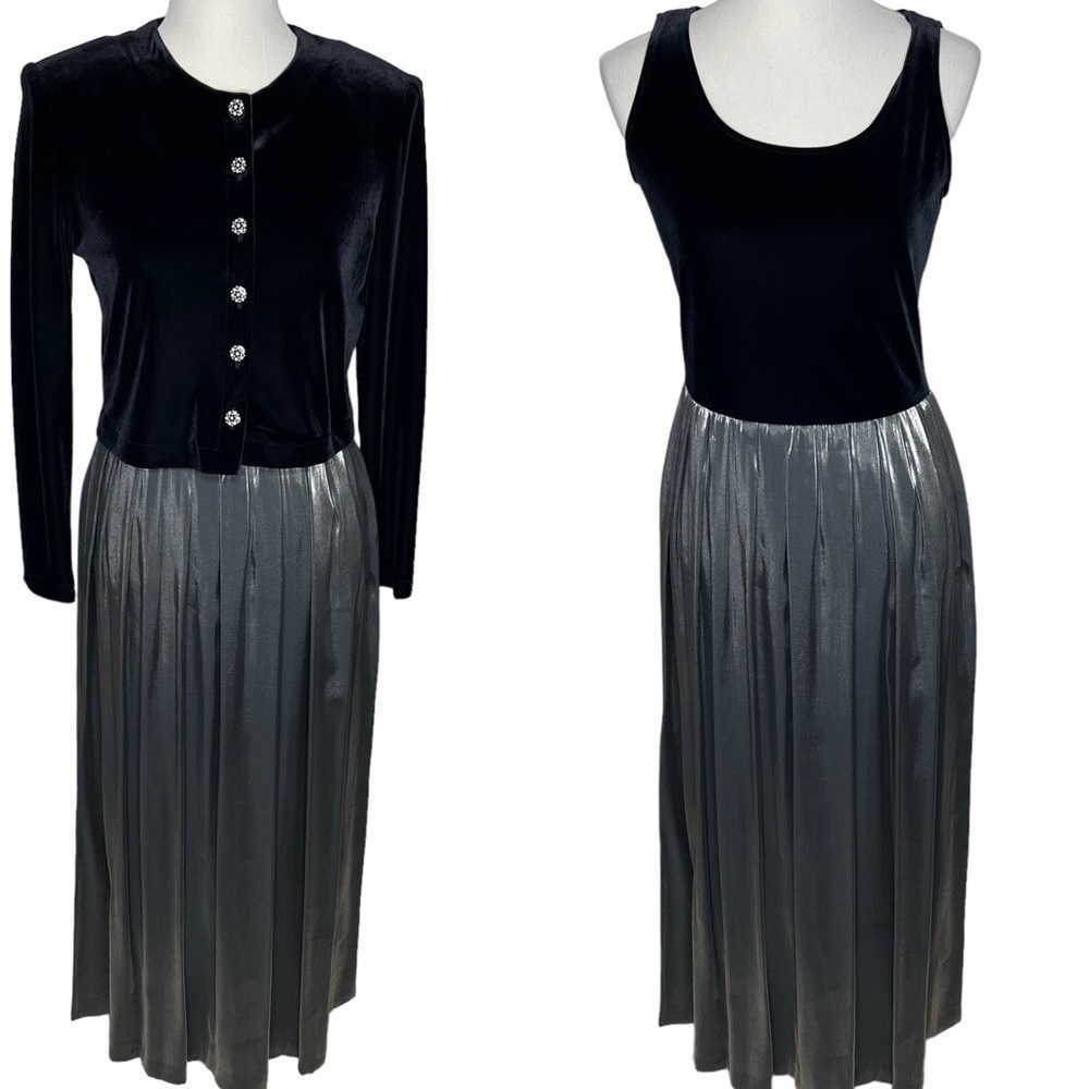 Jessica Howard Black Velvet Silver Satin Ball Gown Matching Jacket Sz 8 Formal
